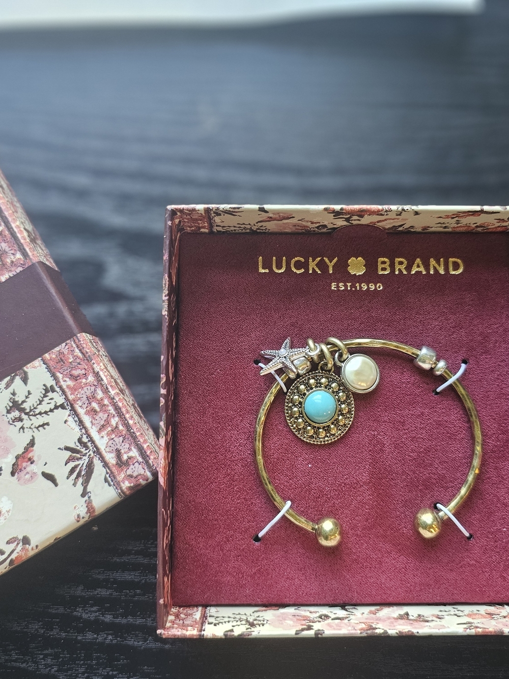 Lucky Brand Gold Tone Cuff Bracelet with Turquoise, Pearl & Star Charms OS NIB